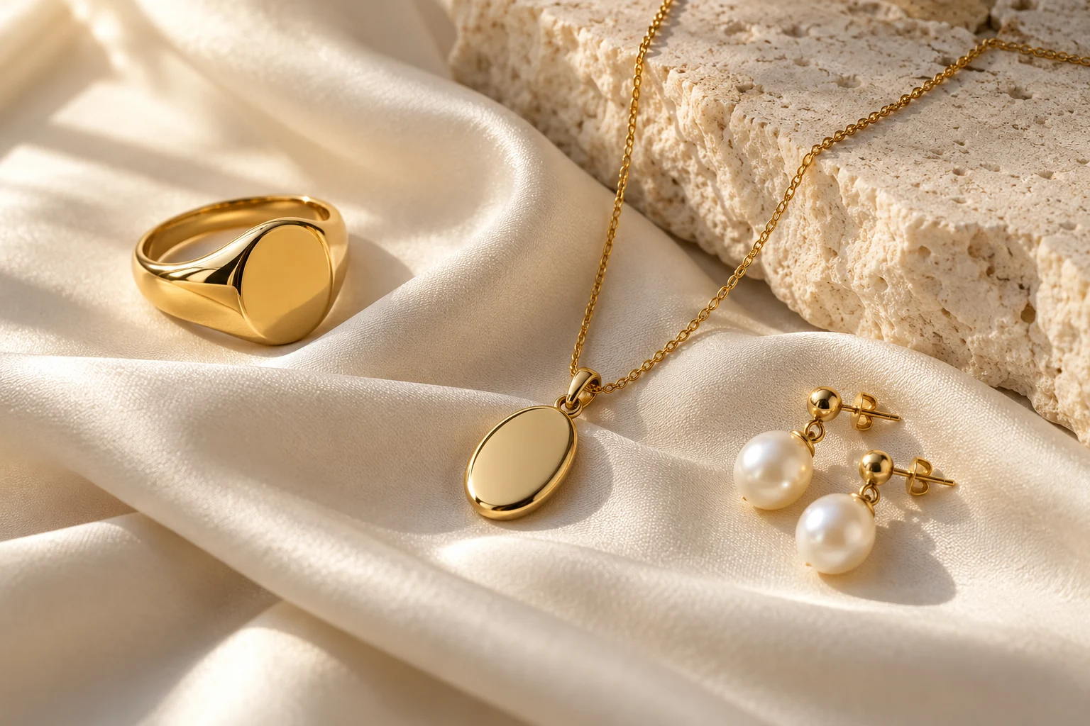Gold jewelry arranged on ivory silk and pale limestone